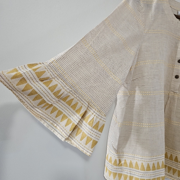 J.JILL Organic Cotton Yellow Peasant Striped Aztec Bell Sleeve Pullover Top MP - Picture 3 of 8